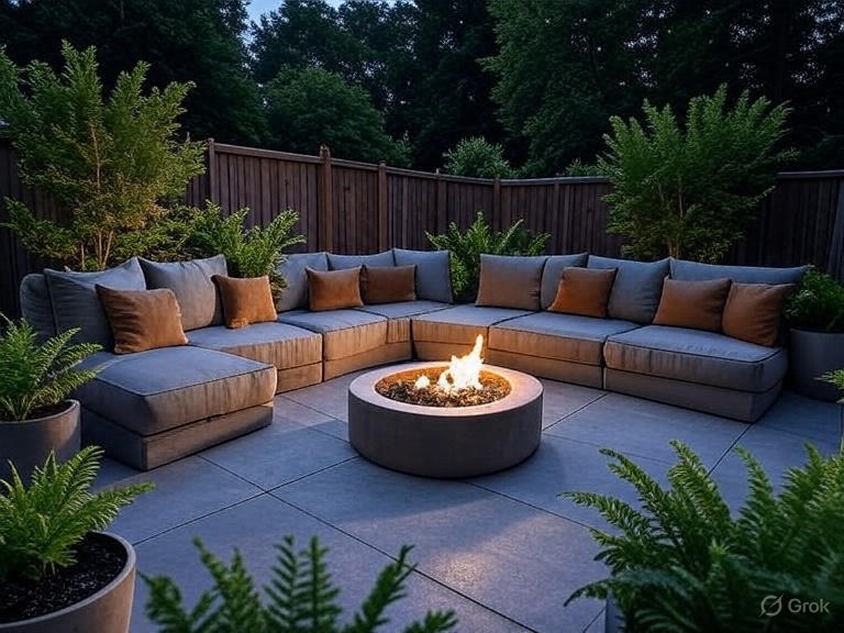 Modular outdoor sofa set in neutral grays, arranged around a fire pit with recycled plastic accents.