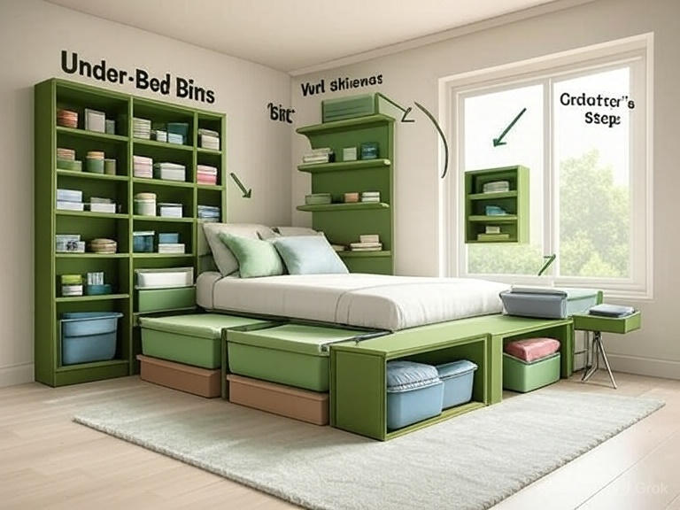 Infographic with bedroom layout showing storage placements like under-bed, walls, and benches.