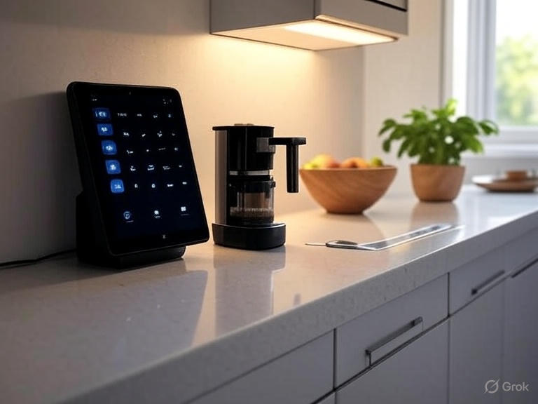 A modern kitchen counter with a voice-activated hub next to a coffee maker, solar-powered window sensors on glass panes, integrated under-cabinet lights shifting from cool to warm, fresh fruit bowl and herbs in foreground, subtle wiring hidden in baseboards, showing a clean morning light filtering through.