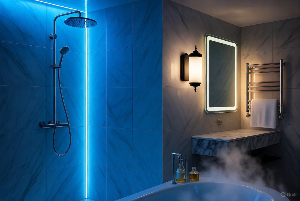 best bathroom lighting ideas 2025 spa shower glow