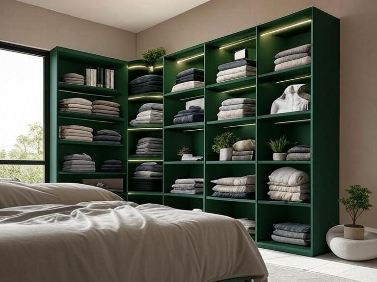 Modular wall shelves in dark green with integrated LED lights, holding decor and essentials in a bedroom corner