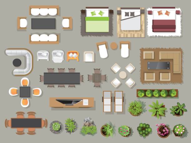 Infographic layout of backyard with furniture zones, arrows for flow, and eco-tip icons.